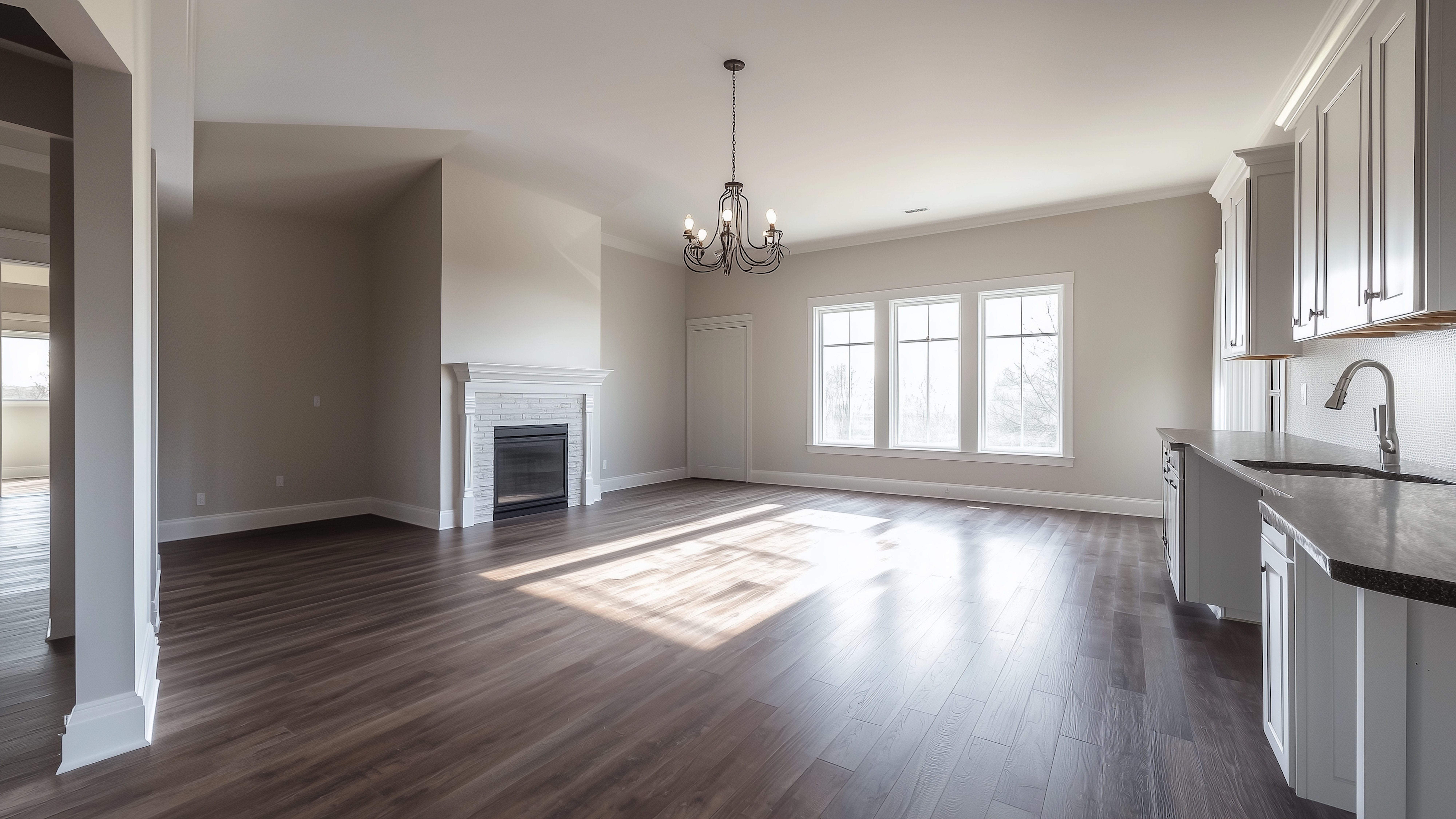 Spacious open-concept kitchen and living room with hardwood floors and fireplace