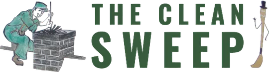 Chimney sweep in green uniform leaning over brick chimney with broom, The Clean Sweep text logo