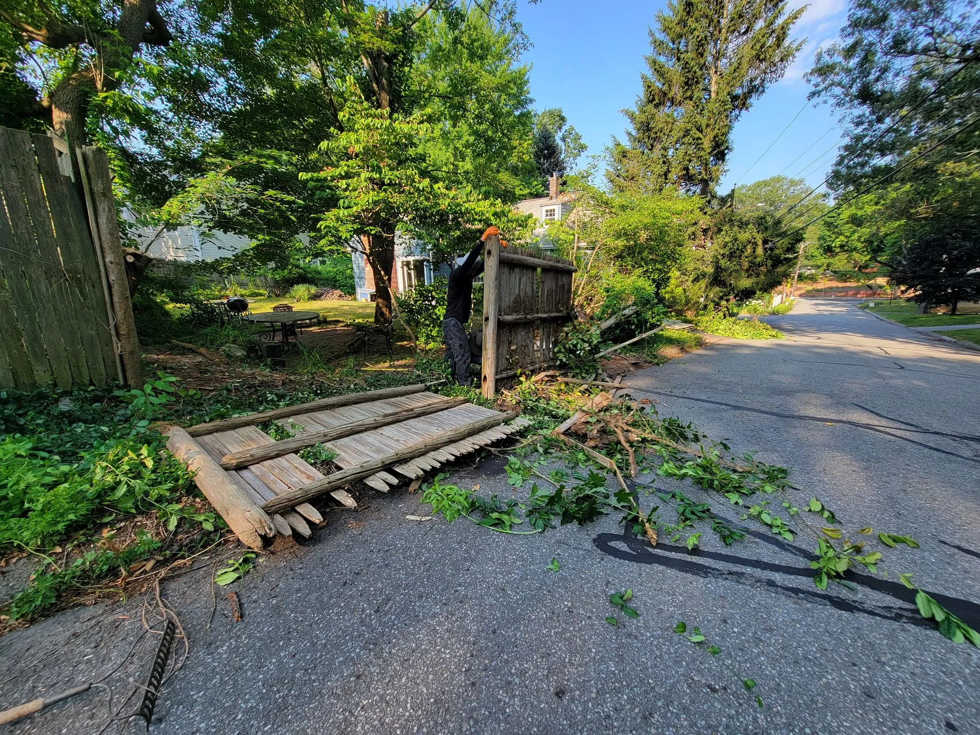 Abandoned wooden farm equipment and weathered mailbox along a tree-lined rural road