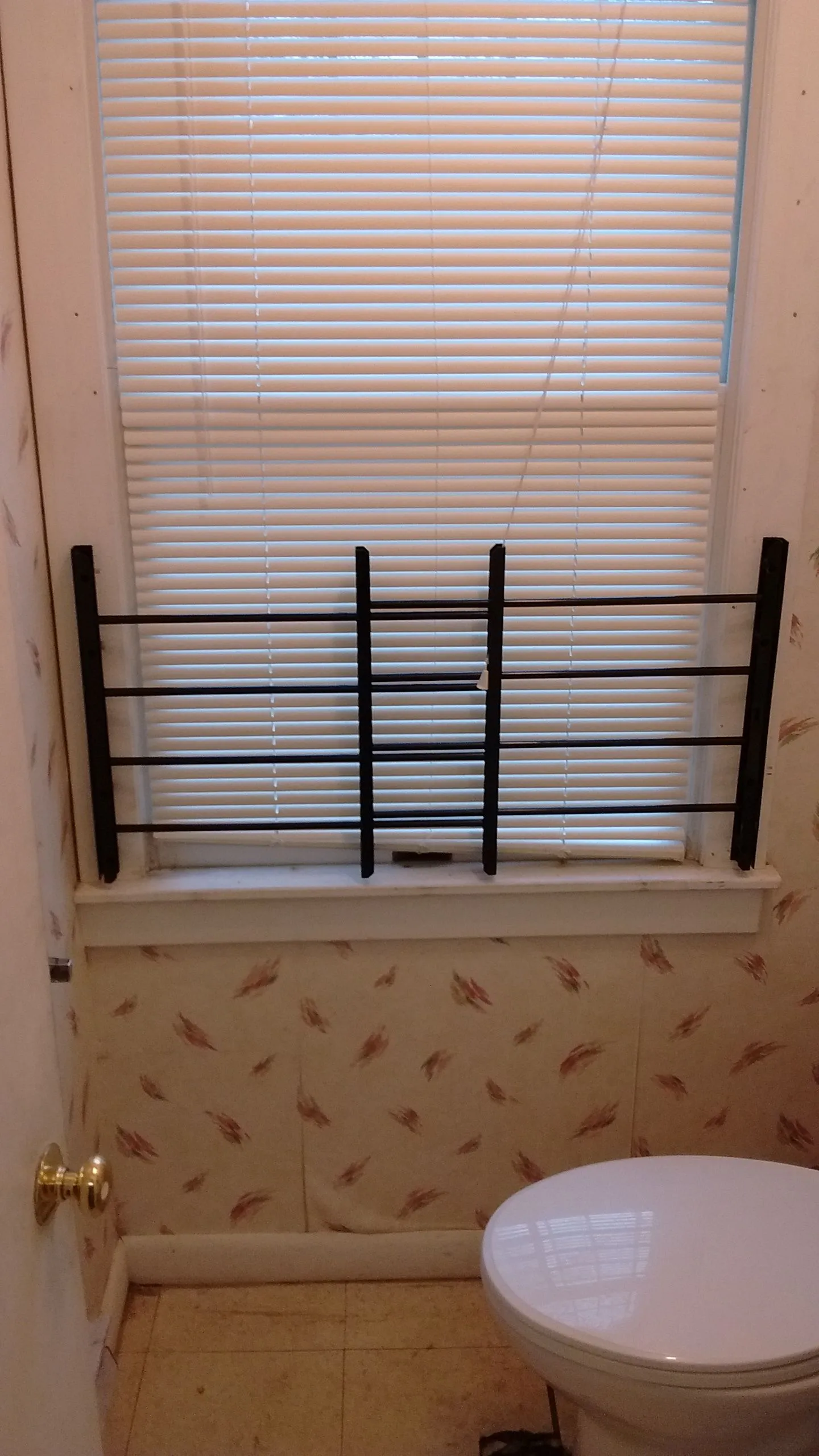 Bathroom window with white horizontal blinds and black safety bars over windowsill