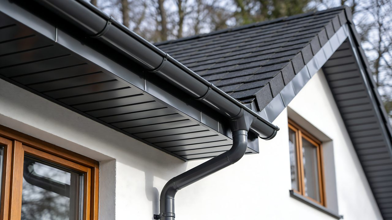 Modern black gutter system and downspout on white house with wooden windows